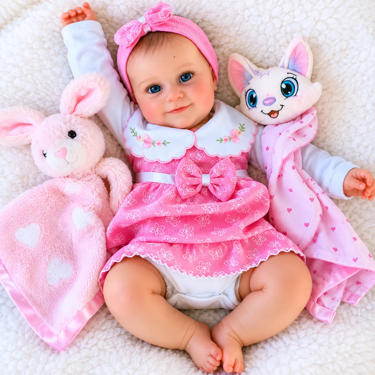 Bebê reborn Maddie realista de olhos abertos azuis, com vestido rosa de borboletas e turbante